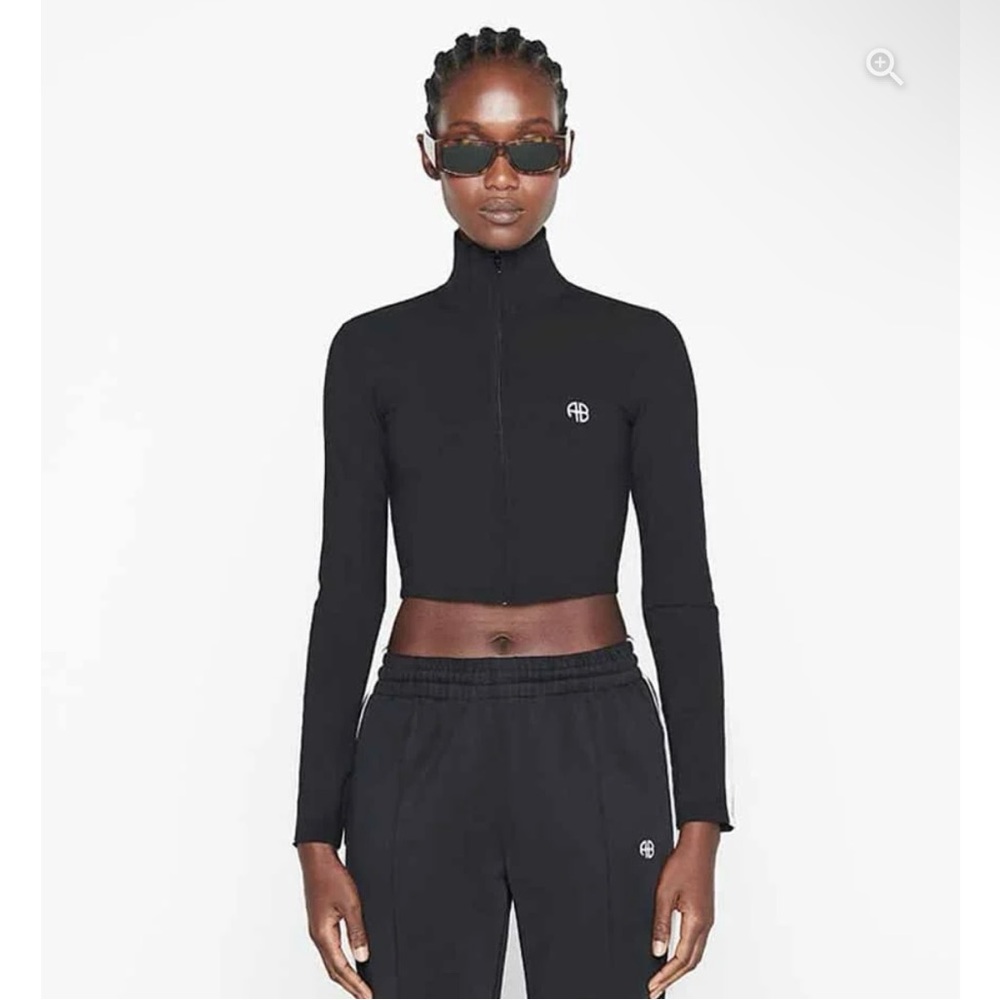 Anine Bing Sport Devin Black Cropped Sweater W/ White Stripe in Size S